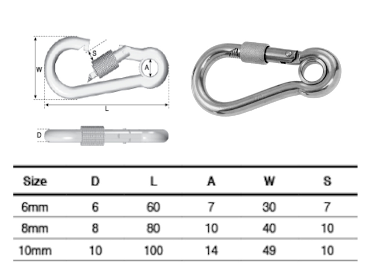 Screw Lock Spring Hook with Eye Dimensional Table
